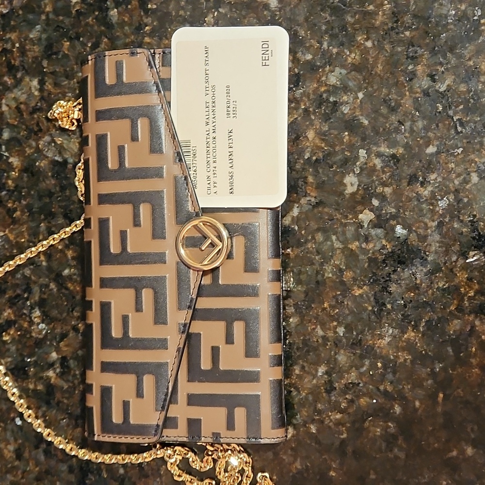 Fendi Tan and Black Clutch with Gold Chain